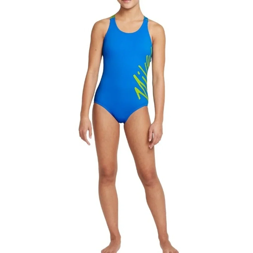 Nike Swim Girls Swoosh Blue Script Logo Crossback One Piece Swimsuit Size XL NWT